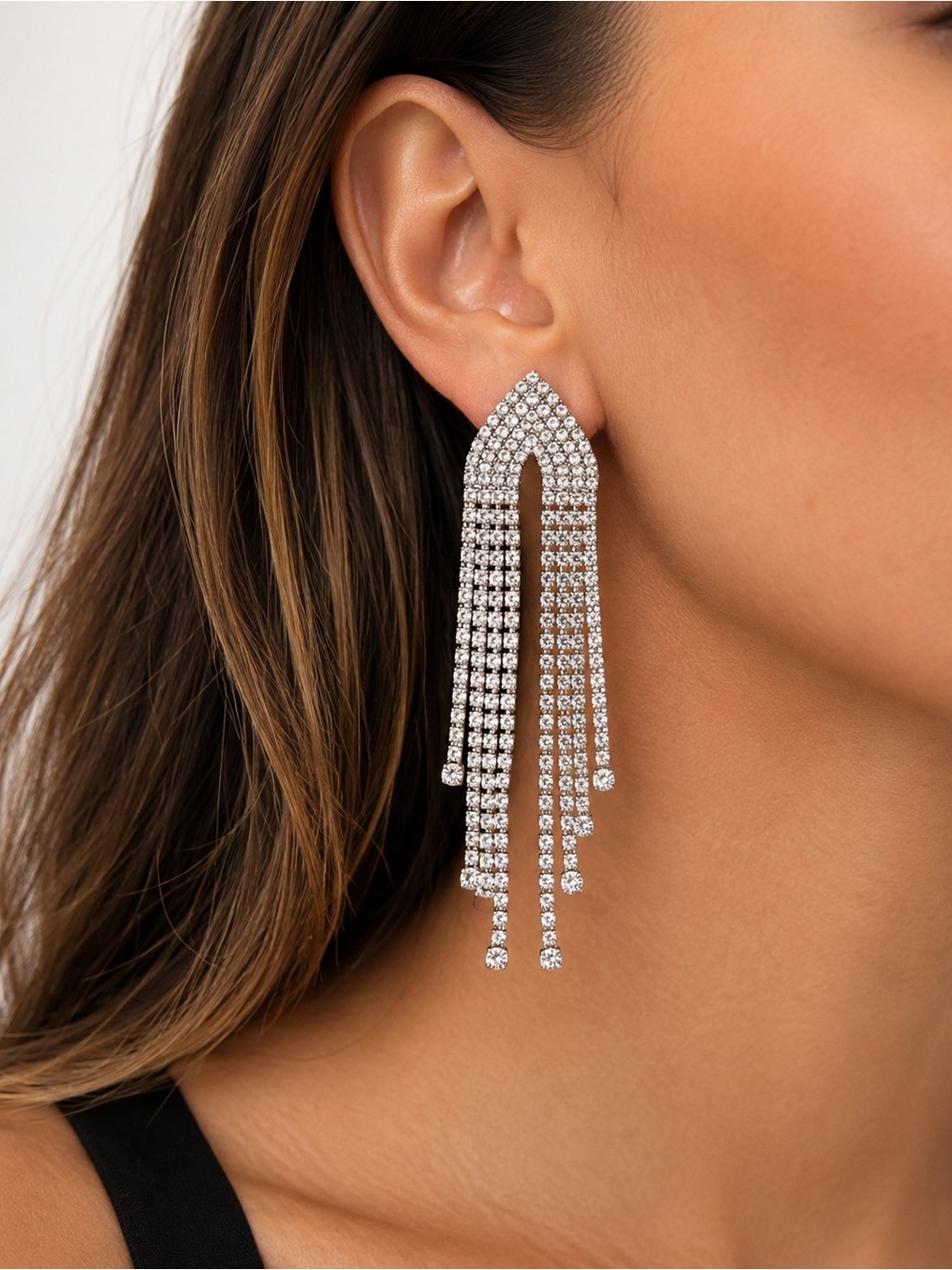 Open Edit Rhinestone Fringe Chandelier Earrings Silver Glam‎ Statement